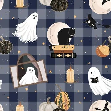 Halloween vector seamless pattern on gingham. Cute ghosts, autumn pumpkins,.. Stockillustratie
