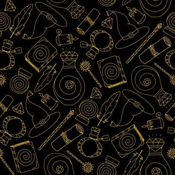 Halloween vector seamless pattern. golden outline on a black background. magi イラスト素材