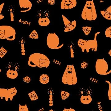 Halloween vector seamless pattern. Hand drawn ink doodles of fat cats, pumpkins Stock Illustration
