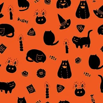 Halloween vector seamless pattern. Hand drawn ink doodles of fat cats, pumpkins Stock Illustration