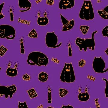 Halloween vector seamless pattern. Hand drawn ink doodles of fat cats, pumpkins Stock Illustration