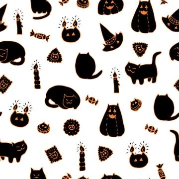 Halloween vector seamless pattern. Hand drawn ink doodles of fat cats, pumpkins Stock Illustration