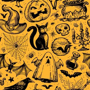 Halloween vector seamless pattern. Holiday background. Hand drawn vector Stock Illustration