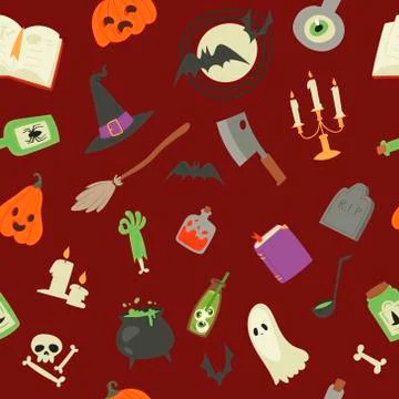 Halloween vector seamless pattern. Pumpkin, ghost, bat and tomb, candles and Illustrazione stock
