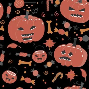 Halloween vector seamless pattern with pumpkins, bones and candy. Flat hand Illustrazione stock