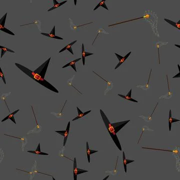 Halloween vector seamless pattern with witch hats and and magic wand Stock Illustration
