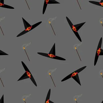 Halloween vector seamless pattern with witch hats and magic wand on gray back Illustrazione stock