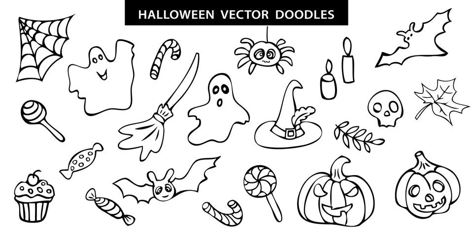 Halloween vector set with 21 hand drawn doodle elements - bat, pumpkin, ghost Stock Illustration