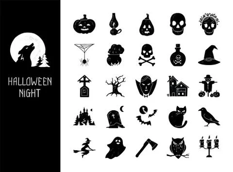 Halloween vector set of modern simple retro-style icons. Stock Illustration