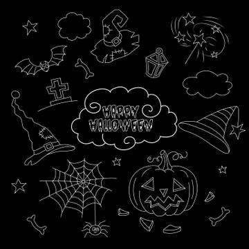 Halloween vector set, pumpkin, cap, bat. Black and white outline illustration. Stock Illustration