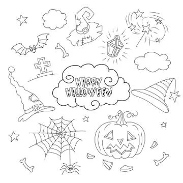 Halloween vector set, pumpkin, cap, bat. Black and white outline illustration. Stock Illustration