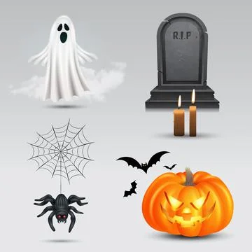 Halloween vector set with pumpkin, flying ghost, gravestone and spider isolat イラスト素材