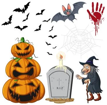 Halloween Vector Set with Pumpkins, Witch, and Bats Stock Illustration