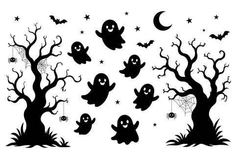 Halloween vector set with spooky trees, ghosts, bats, and spiders Illustrazione stock