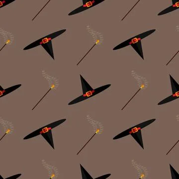 Halloween vector with witch hats and and magic wand seamless pattern Stock Illustration