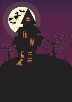 Halloween Vertical Background with Witch, Bats Haunted House and Full Moon. F Stock Illustration