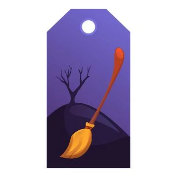 Halloween vertical gift tag featuring flying broom, bare tree and full moon Stock Illustration