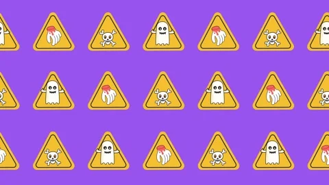 Halloween warning signs seamless pattern with ghost, skull, and bloody hand icon Stock Footage 318294336
