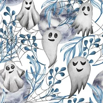 Halloween watercolor seamless pattern with ghost, moon, boo. Stock Illustration