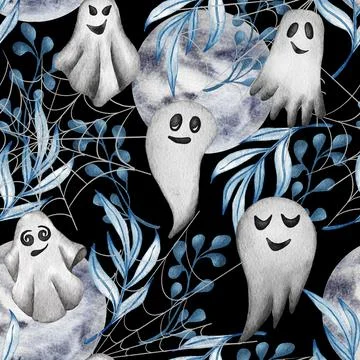 Halloween watercolor seamless pattern with ghost, moon, boo. Stock Illustration