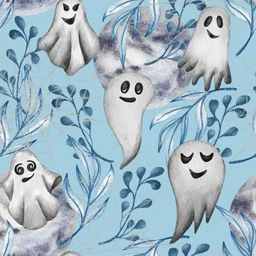Halloween watercolor seamless pattern with ghost, moon, boo. Stock Illustration