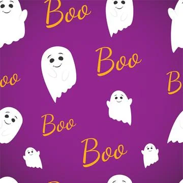 Halloween white Ghosts seamless pattern, cute Spirit on Purple Background. Stock Illustration