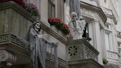Halloween Window Decorated with Ghosts and Zombies for a Spooky Atmosphere and Stock Footage 314251351