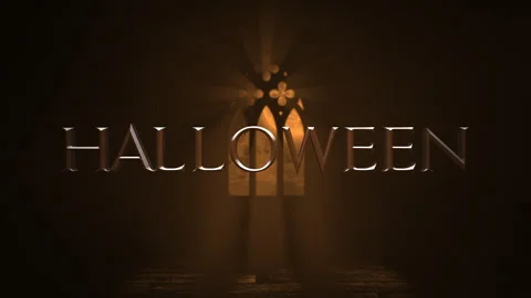 Halloween with window of old castle with light and crosses in night Stock Footage 249372508