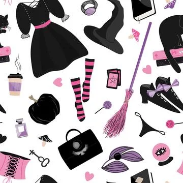 Halloween Witch accessories seamless pattern in pink and purple palette. Bl.. Stock Illustration