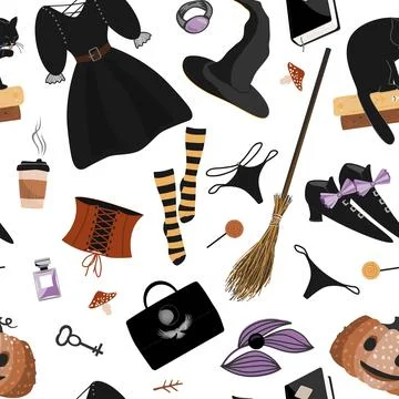 Halloween Witch accessories seamless pattern. Black dress, hat, boots, bag, b Illustrazione stock