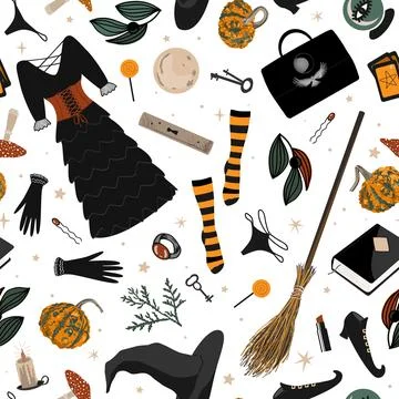 Halloween Witch accessories seamless pattern. Black dress, hat, boots, bag,.. Stock Illustration