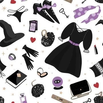 Halloween Witch accessories seamless pattern. Black dress, hat, boots, bag, c Stock Illustration