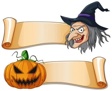 Halloween Witch and Pumpkin Scroll Banners Illustration Stock Illustration