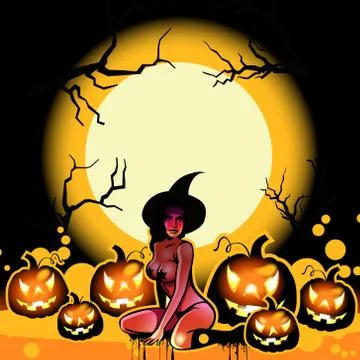 Halloween witch and pumpkins on the moon Stock Illustration