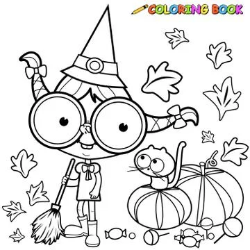 Halloween witch and pumpkins. Vector black and white coloring page. Stock Illustration