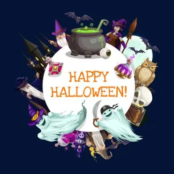 Halloween witch and wizards with ghosts, bats, owl Stock Illustration