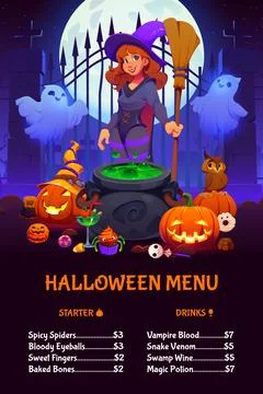 Halloween witch bar menu with witch and potion Illustrazione stock