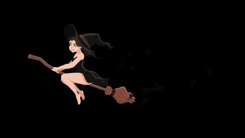 Halloween Witch On Broom With Bats. Alpha Channel 스톡 동영상 80347035