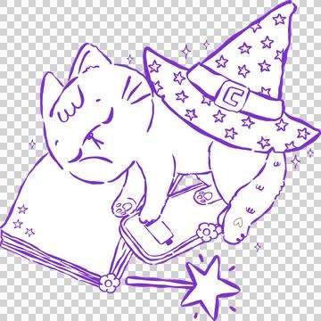 Halloween Witch Cat Outine Sleeping with Open Book and No Battery Phone Han.. Stock Illustration