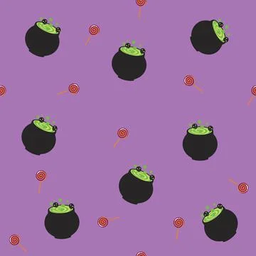 Halloween Witch Cauldron and Candy Seamless Pattern Stock Illustration