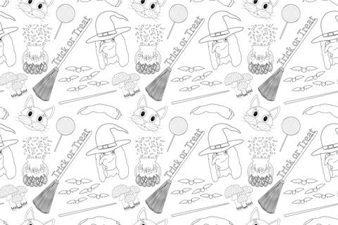 Halloween Witch Coloring Page Pattern with Fun Elements Stock Illustration