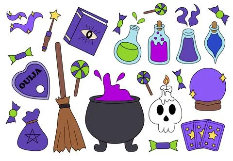 Halloween witch element set. Cauldron, poison bottles, ouija, magic book Stock Illustration
