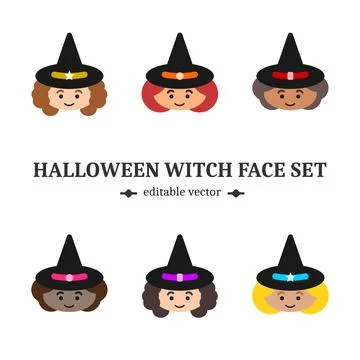 Halloween witch faces set with six cute fantasy characters. Stock Illustration