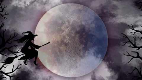 Halloween witch flying on broom on moon background. 2d animation Stock Footage 327681015