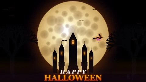 Halloween witch flying on broomstick in front of full moon silhouette anima.. Vídeo Stock 344021865