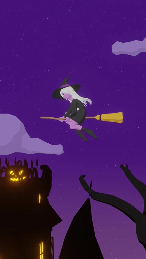 Halloween Witch Flying Over Haunted House Under Purple Night Sky Portrait Stock Footage 338150310
