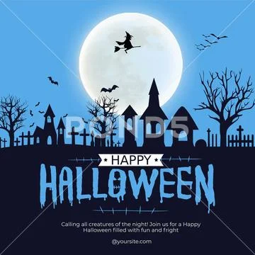 Halloween witch flying under full moon, bats and haunted houses PSD Template