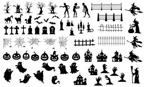 Halloween witch, ghost and pumpkin silhouettes Stock Illustration