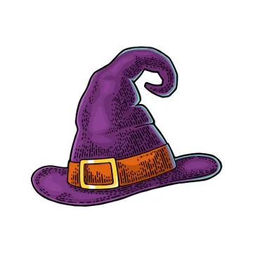 Halloween witch hat with buckle. Vector engraving Illustration