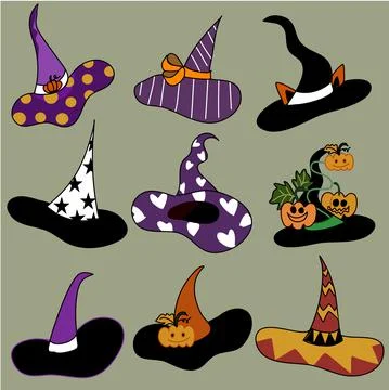 Halloween witch hat set pattern hand drawn cartoon vector Illustrazione stock